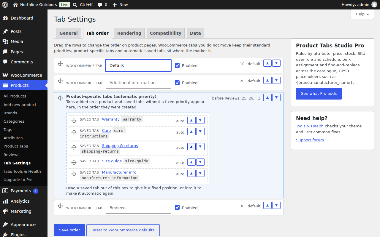 The Tab order screen. Rows for the WooCommerce tabs Details (priority 10, default), Additional information (20, default) and Reviews (30, default) surround a highlighted box called "Product-specific tabs (automatic priority)" that contains five saved tabs, each marked auto. Buttons at the bottom read Save order and Reset to WooCommerce defaults.